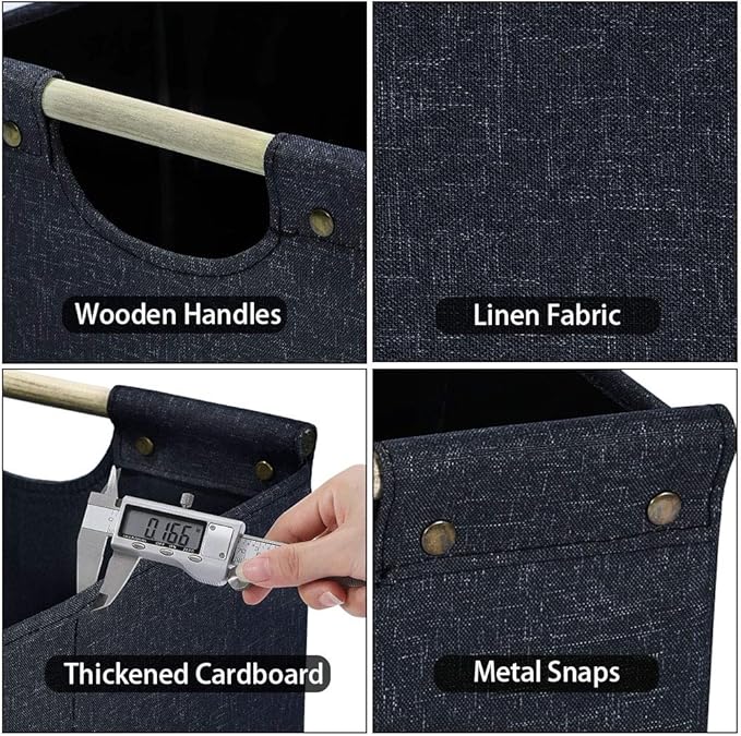 HOONEX Collapsible Storage Bins, 13x13x13in Storage Cubes Linen Fabric, 3 Pack, Storage Baskets with Wooden Carry Handles and Sturdy Heavy Cardboard, for Home, Office, Car, Nursery, Dark Grey
