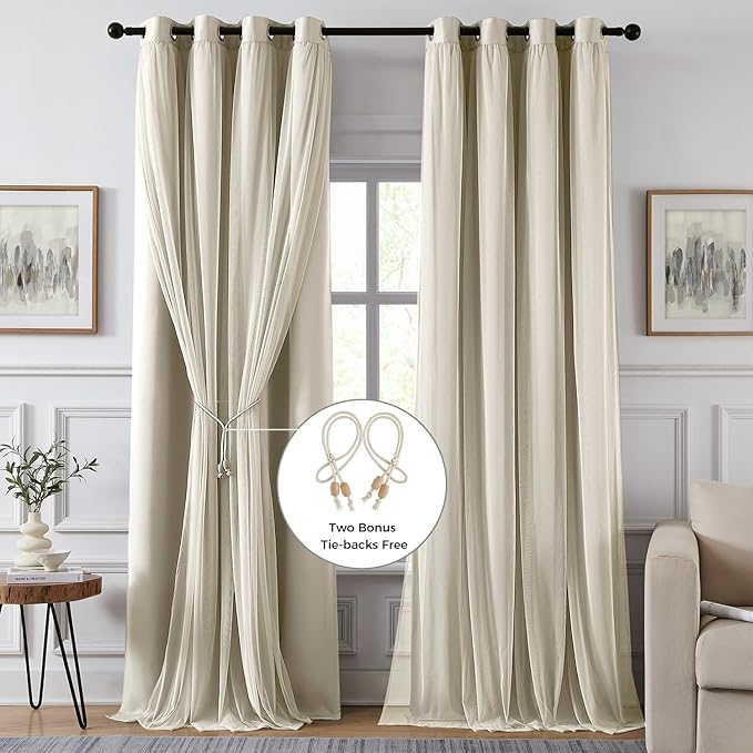 100% Blackout Curtains for Bedroom, Double Layer Ivory Curtains, Black Out Curtain 63 inch Long with Sheer Overlay for Living Room, Room Darkening Window Drapes with Grommet, 52" W x 63" L
