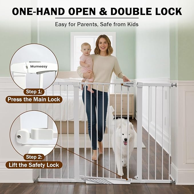 Mumeasy 36" Extra Tall Baby Gate for Doorways, 29.7"-57" Extra Wide Dog Gate for Stairs, Pressure Mounted Auto Close Pet Safety Gate with Easy Walk Thru Door, Large Indoor Child Gate for House, White