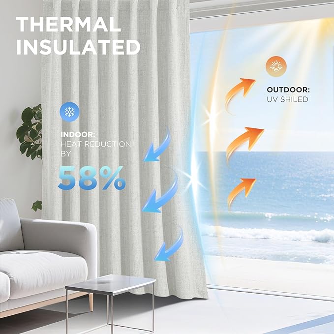 Joydeco Linen Blackout Curtains for Bedroom - 100% Light Blocking 1 Panels, White Drapes 70" W x 108" L, Thermal Insulated Room Darkening Curtains for Living Room, Rod Pocket & Back Tabs