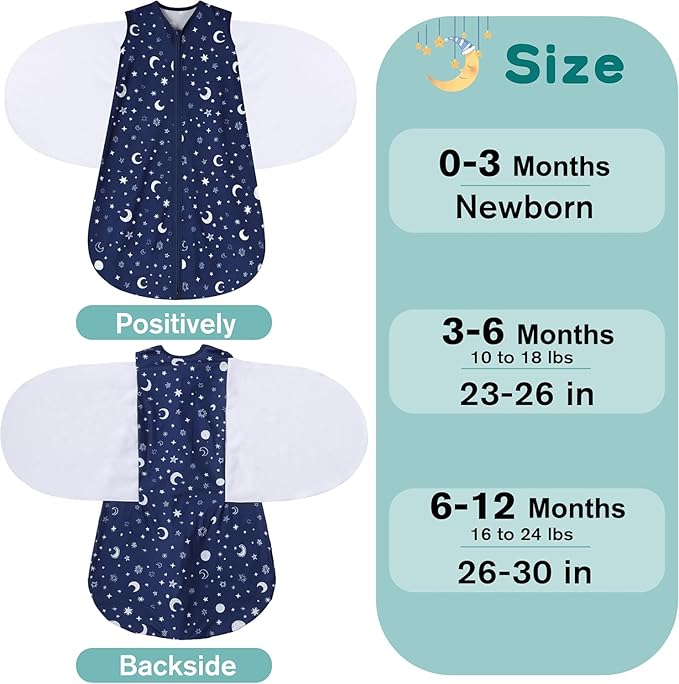 BSTOPPT Newborn Sleep Sack Baby Swaddle,6-12 Months,3-Way Adjustable Wearable Blanket,100% Rayon Cotton Swaddling sleeping bag，TOG 0.5（Clouds&Starry Sky）