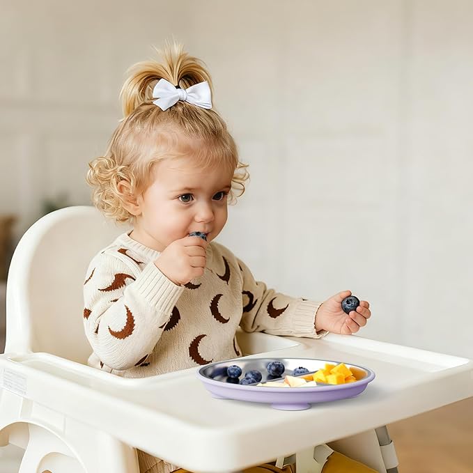 Bakpoco Stainless Steel Suction Plates for Toddlers, 8" Divided Kids Baby Plates with Removable Silicone Suction, Non Toxic Non Slip Portion Control Snack Dishes 3 Packs, Pink Lilac Sage