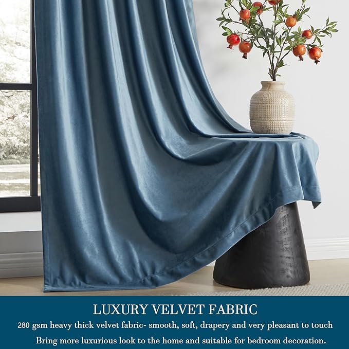 PRIMROSE Velvet Curtains 102 inch Long for Living Room,Set of 2 Panels Stone Grayish Blue Blackout Rod Pocket Back Tab Window Treatment Room Darkening Heavy Decorative Curtains Drapes for Bedroom