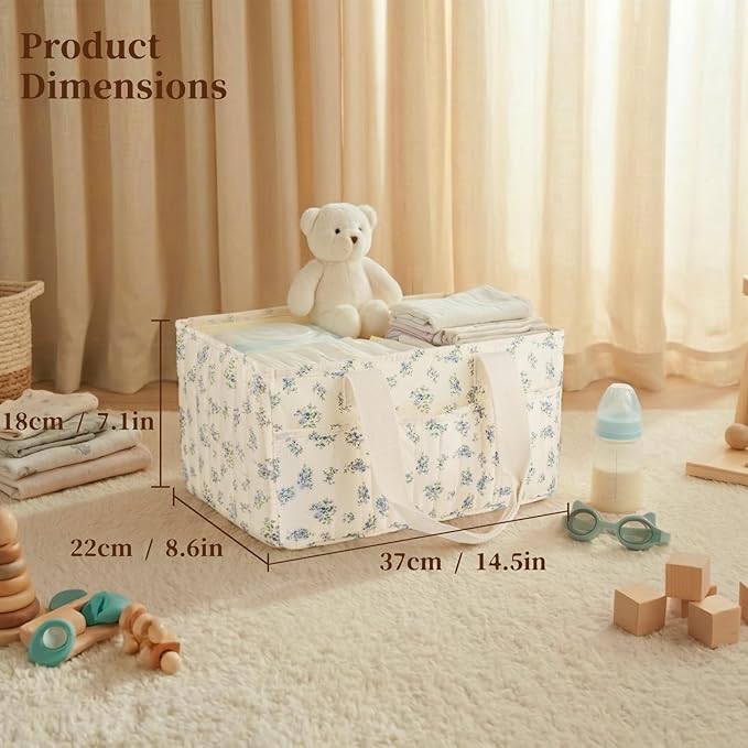 Baby Diaper Caddy Organizer with Portable Changing Mat-Portable Baby Organizers and Storage, Gift for Baby Shower, Baby Essentials Organizer with Removable Dividers (Blue Floral)