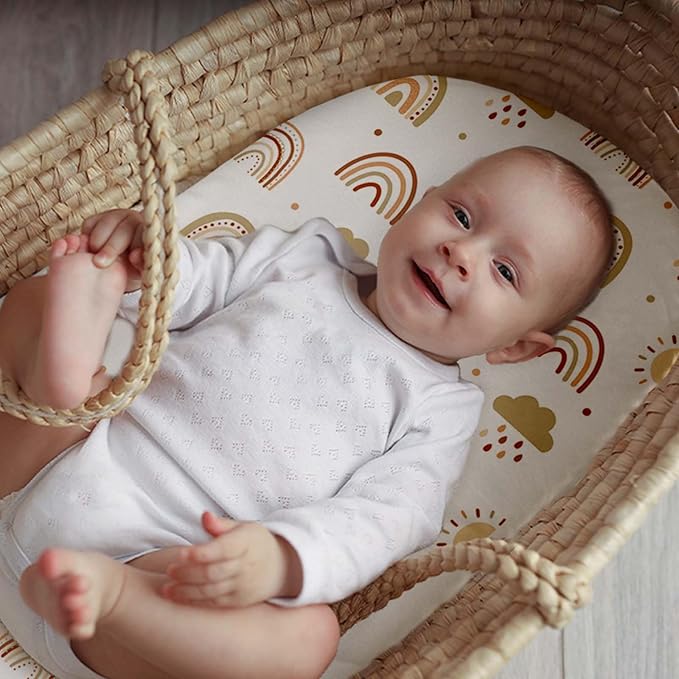 3 Pack Stretchy Bassinet Sheets for Baby Girl Boy, Soft Breathable Baby Bassinet Mattress Sheets Fit for Hourglass Oval Cradle, Moses Basket Rectangle Mattress (Brown Rainbow)