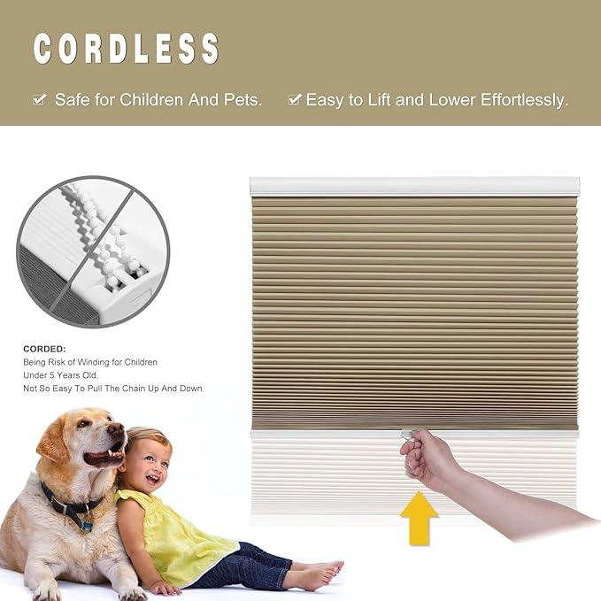 Changshade Cellular Shades Cordless Blinds Blackout for Indoor Windows, Honeycomb Blind Room Darkening Shade 1.5'' Single Cell Pleated, Easy to Install Shade Size 52" Wide x 72" Height, Light Brown