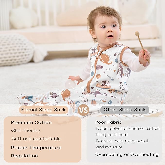 FIEMOL Baby Sleep Sack 18-24 months, 100% Cotton Sleeping Sack for Newborn and Infant, 3 Pack Baby Wearable Blanket for Boy and Girl, 0.5 Tog Lightweight Double Zipper Sleep Bag Coffee Dinosaur Planet