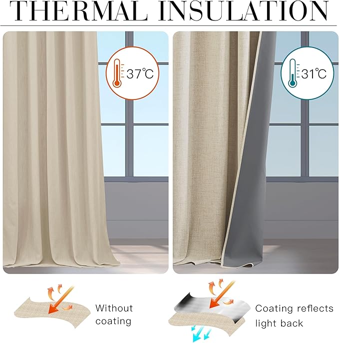 RYB HOME 100% Blackout Linen Textured Curtains 96 inches Long, Thermal Insulating Privacy Energy Saving for Bedroom Living Room Window Office Theater Dining Nursery, W 52 x L 96 in, Linen, 2 Panels