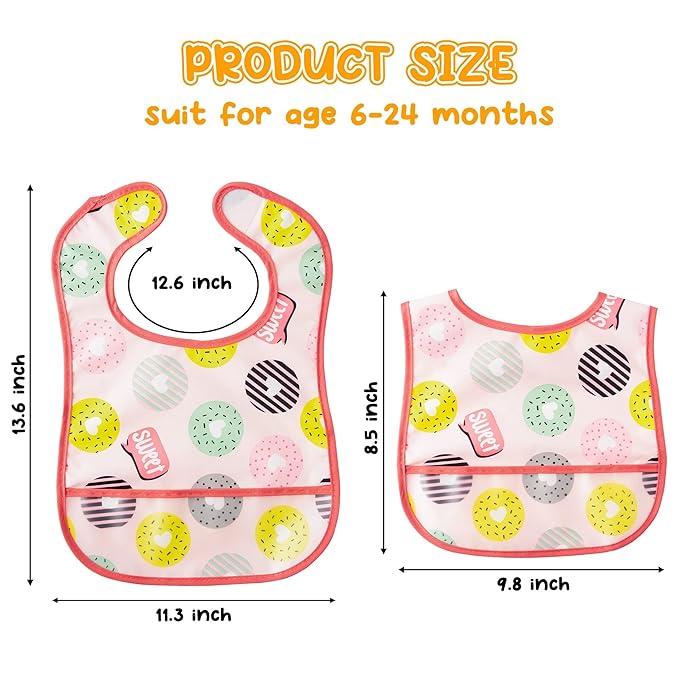 2ooya 6Pcs Baby Feeding Bibs with Crumb Catcher Pocket Adjustable Waterproof Sleeveless Teething Bib Set Toddler Infant Keepsake Gift for Baby Shower, 6-24 Months