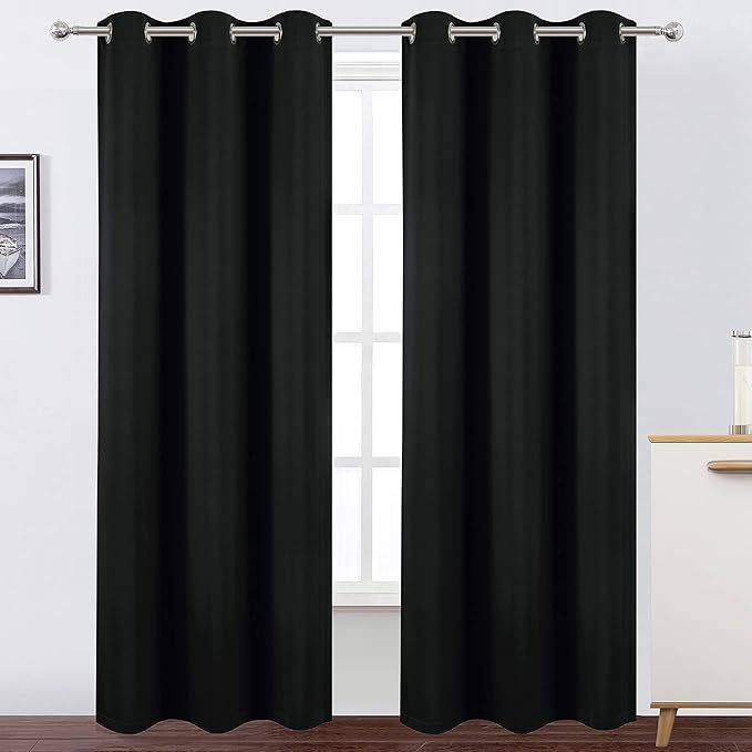 LEMOMO 100% Blackout Curtains 40 x 84 Inch/Black Curtains 2 Panels with Black Lining Room Darkening Thermal Insulated Bedroom Curtains