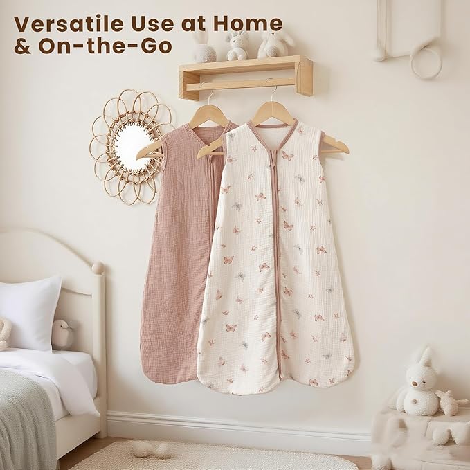 Konssy Muslin Baby Sleep Sack 0-6 Months 0.8 TOG, 2 Pack 100% Cotton Wearable Blanket for Babies, 2-Way Zipper Breathable Sleeping Sack Infant Toddler Essentials for Girls and Boys(Butterfly,Taupe)