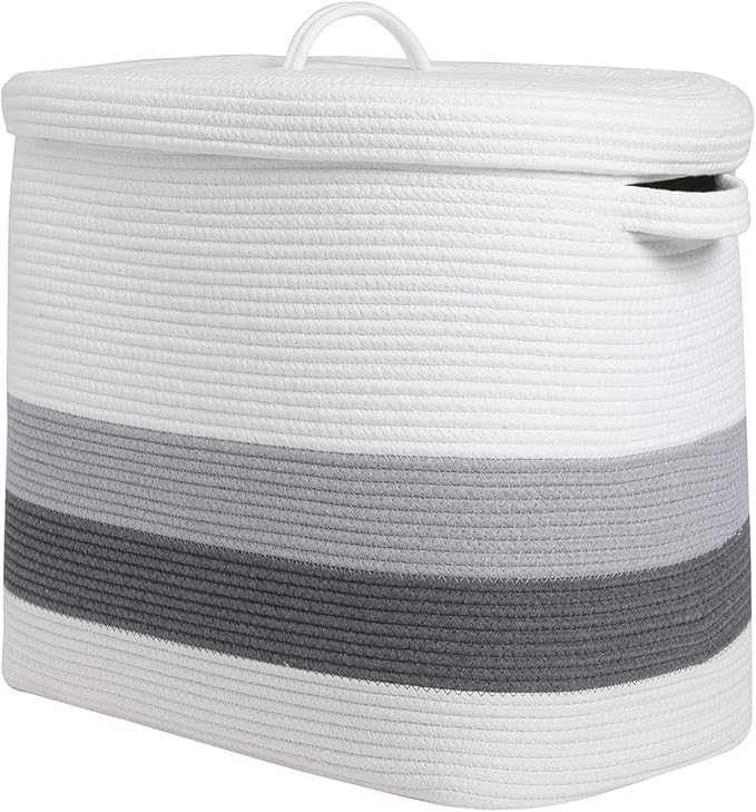22"x14"x18" Rectangular Extra Large Storage Basket With Lid, Large Cotton Rope Storage Basket, Woven Laundry Hamper, Cloth Storage Bin, for Clothes Towels Blankets in Living Room, Double Graded Grey