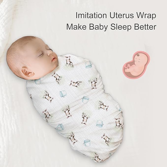70% Rayon Made from Bamboo 30% Cotton Muslin Swaddle Blanket, 47 x 47 Inches, Cow Print Baby Receiving Blanket, Soft and Breathable, Unisex, 2 Pack