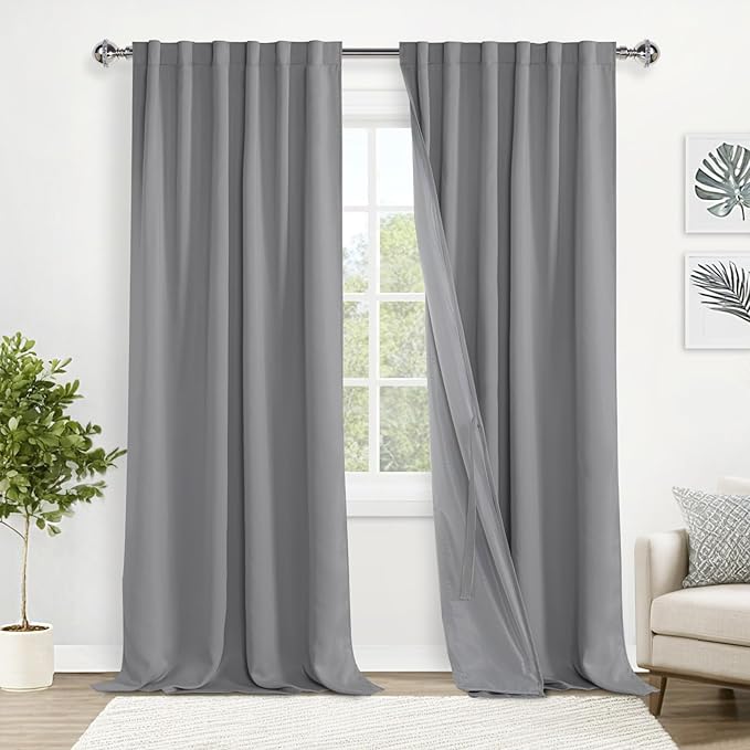 XWZO 100% Blackout Curtains with Tiebacks- Heat and Light Blocking Rod Pocket & Back Tab Window Drapes with Black Liner Backing for Bedroom/Kid's Room, Light Grey, W52 x L108, Set of 2 Panels
