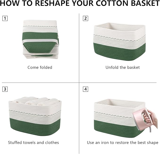 4 Pack Storage Baskets for Organizing, 13"X9"X7.87", Decorative Cotton Rope Baskets for Shelves, Small Woven Basket for Toys, Books and Towels, Green & White