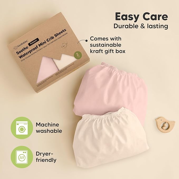 2 Pack and Play Sheets, Waterproof Mini Crib Sheets Fitted - 38x26 Organic Cotton Pack N Play Sheets for Graco Pack and Play Mattress, Playard Baby Crib Sheets, Neutral for Boy, Girl, Toddler (Cameo)