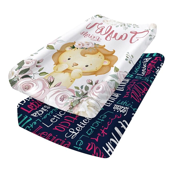 Custom Changing Pad Cover Set - Jersey Knit Ultra Soft Unisex Waterproof Diaper Changing Table Covers with Personalized Name for Baby Boys Girls - Comfy Cozy 2 Pcs Set Style02