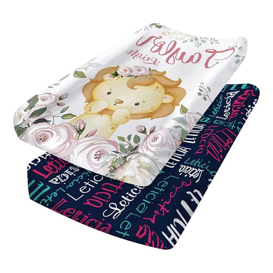 Custom Changing Pad Cover Set - Jersey Knit Ultra Soft Unisex Waterproof Diaper Changing Table Covers with Personalized Name for Baby Boys Girls - Comfy Cozy 2 Pcs Set Style02