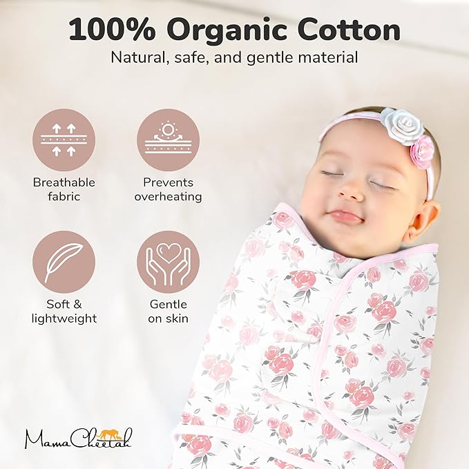 Mama Cheetah Baby Swaddle Sack, Organic Swaddle Blanket, Newborn Swaddling Sleep Sack, Adjustable Infant Swaddle Wrap, Easy Swaddles Girl 0-3 Month, Baby Essentials, 3-Pack