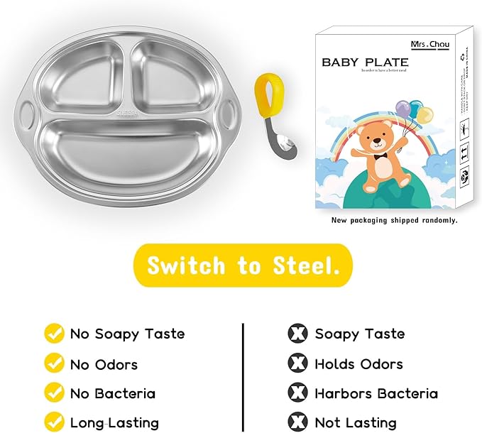 Mrs. Chou Stainless Steel Baby Suction Plates: Divided Plates for Babies and Toddlers, Made of 100% Food-Grade Materials Ideal for Baby-Led Weaning BPA-Free Toddler Feeding Dishwasher Safe Yellow