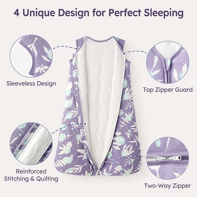 Unnivoll Baby Sleep Sack 12-18 Months TOG 2.5 Winter Baby Wearable Blanket, 100% Cotton Toddler Sleeping Sack with 2-Way Zipper Warm Soft Purple Leaf