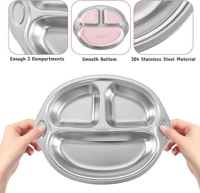 Mrs. Chou Stainless Steel Baby Suction Plates: Divided Plates for Babies and Toddlers, Made of 100% Food-Grade Materials Ideal for Baby-Led Weaning BPA-Free Toddler Feeding Dishwasher Safe PINK