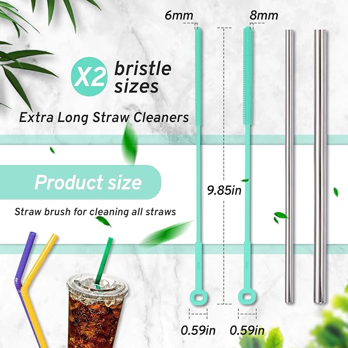 WQSS AOEIU Reusable Silicone Straw Brush,Straw Cleaner,Pipe Cleaners,Extra Long Cleaner Brush for Cleaning Bottle Metal Glass Straws Drink Lid,Straw Cover,Smoothie Straw,Drinking Mint Green 6mm+8mm
