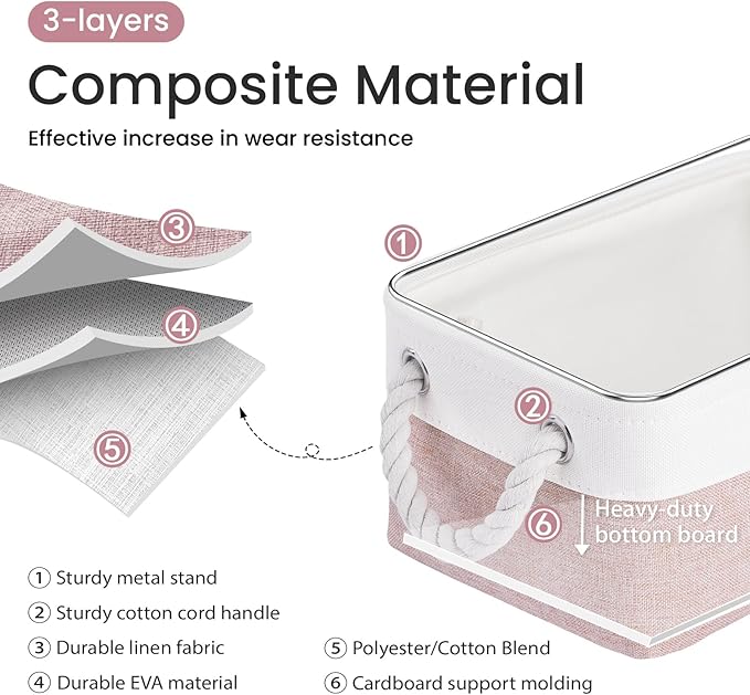 Storage Baskets for Shelves 11.8x7.9x5.2 Inch, Foldable Fabric Storage Bins with Handles, Small Storage Baskets for Organizing Closet, Office, Home Organization (6-Pack, White&Pink)