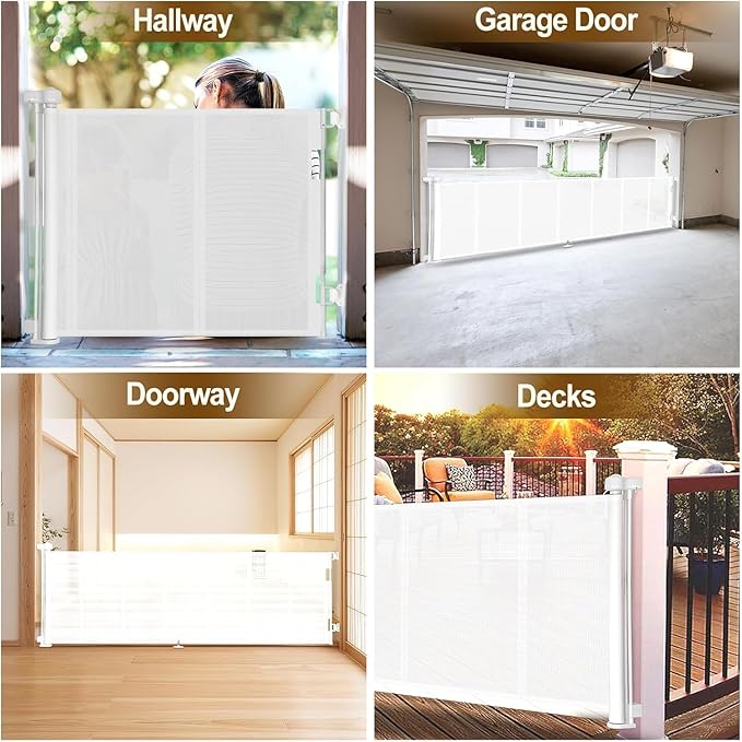 100 inch Retractable Baby Gates 34 inch Tall, Retractable Gate with Reinforced Strip Design to Prevent Crawling Through, 8 FT Extra Wide Retractable Dog Gate for Indoor/Outdoor