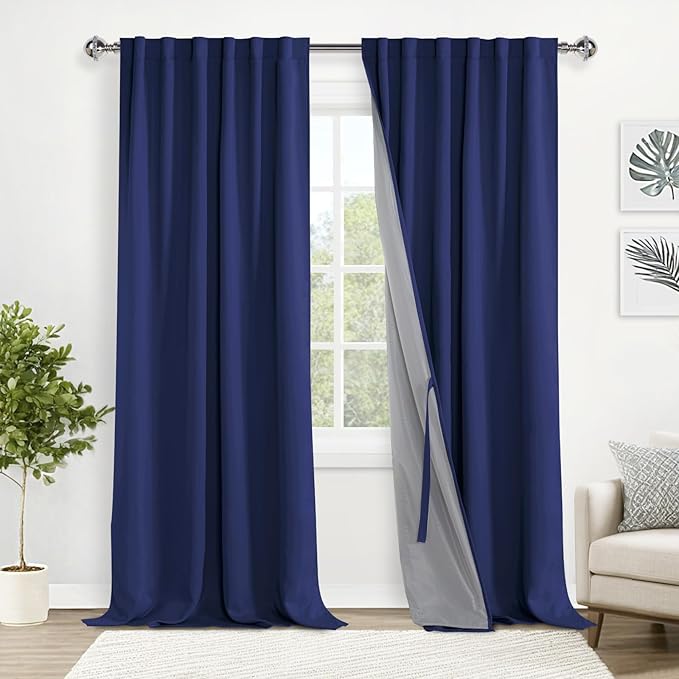 XWZO 100% Blackout Curtains - Extra Long Rod Pocket & Back Tab Curtains, Noise Reducing and Heat Blocking Drapes for Bedroom with Tiebacks, Navy Blue, W52 x L108, Set of 2