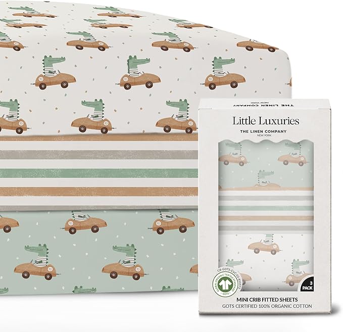 100% Organic Cotton Mini Crib Sheets (3-Pack) - GOTS Certified - Breathable Pack n Play Sheets Fitted - Double-Elastic for Secure Fit, Extra Protection for Your Baby - Gender-Neutral Prints (27"x39")