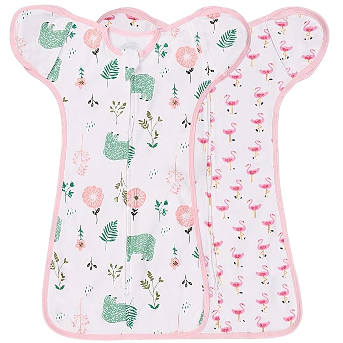 2 Pack Transition Swaddle with 2 Way Zipper, 2 in 1 Arms in/Out Transitional Arms Up Swaddle, 100% Cotton Newborn Swaddles Zipper Swaddles Baby Swaddling Sack Sleep Sack 0-3 Months, Flamingo & Bear