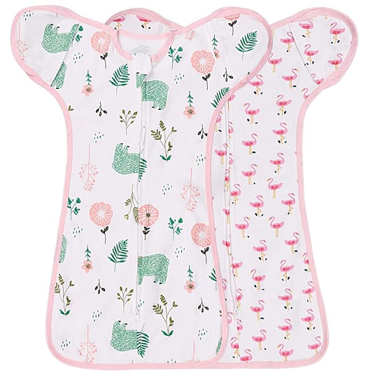 2 Pack Transition Swaddle with 2 Way Zipper, 2 in 1 Arms in/Out Transitional Arms Up Swaddle, 100% Cotton Newborn Swaddles Zipper Swaddles Baby Swaddling Sack Sleep Sack 0-3 Months, Flamingo & Bear