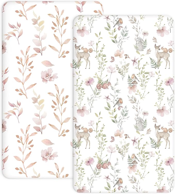 Pack and Play Sheets 2 Pack, Fitted Jersey Knit Mini Crib Sheets for Baby Boys and Girls, Compatible with Graco Pack N Play and Mini Crib Mattress (Floral Fawn, Pack N Play/Mini Crib Sheets)