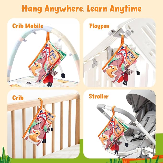 JoyCat Baby Books 0-6-12 Months - Farm Tail Tummy Time Toys - Sensory Touch & Feel Crinkle Cloth Book with Detachable Duck - Newborn Valentine Easter Basket Stuffers