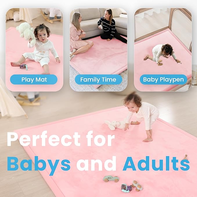 1.3" Thick Baby Play Mat for Floor, 28x72 Foam Tummy Time Mat, Padded Support Soft Plush Bedside Rugs for Infant Kids Toddler Crawling Kick Activity (Pink)