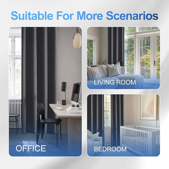 Linen 100% Blackout Curtains for Bedroom, Black Out Curtains 72 Inch Long, Room Darkening Curtains for Living Room, Long Curtain Grommets Drapes, Thermal Curtains(2 Panels, Dark Grey)