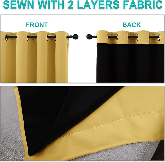 NICETOWN 100% Blackout Short Curtains with Black Liners, 2 Panels, 37" W by 40" L, Bright Yellow, Thermal Insulated Full Blackout 2-Layer Lined Drapes, Energy Efficiency Window Draperies for Bedroom