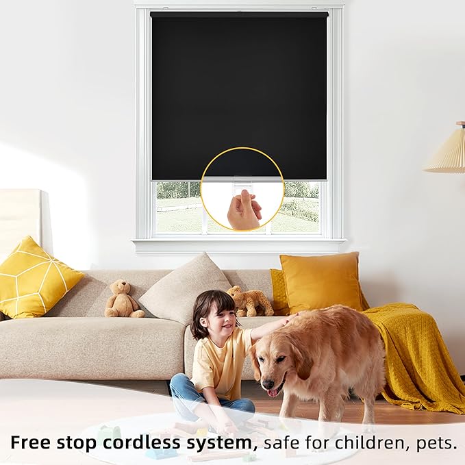 ChrisDowa Cordless Free-Stop 100% Blackout Blinds for Windows, Roller Windows Shades with Thermal Insulated, UV Protection Fabric for Living Room, Office and Home. Easy to Install.Black,45" W X 72" H