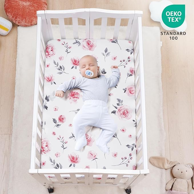 david's kids 3 Pack Mini Crib Sheets, Soft Breathable Premium Pack N Play Sheets for Baby Boys Girls Neutral, Playard and Mini Crib Mattresses, Floral Flowers