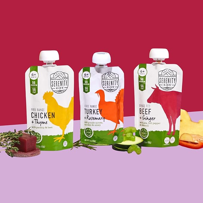 Serenity Kids 6+ Month Organic Beef & Veggie Baby Food Pouches - 5g Protein Grass Fed Beef - Organic Vegetables Blend with Broccoli & Bell Pepper - BPA-Free Baby Snacks Pouches - 3.5 Oz, 12 Pack