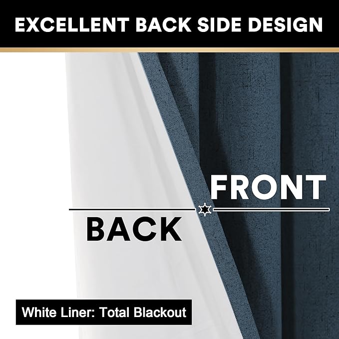 PrinceDeco Navy Blackout Curtains 84 Inches Long, 100% Light Blocking Thermal Insulated Room Darkening Curtains, Energy Saving Window Treatment Curtain Drapes, Burlap Fabric with White Liner,2 Panels