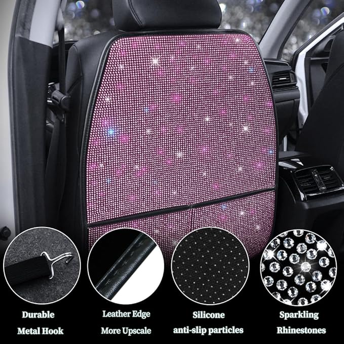Bling Kick Mats for Car Seats with Pockets – Crystal Diamond Protectors for Girls & Women, Easy-to-Install Backseat Kick Mats with Storage & Sparkling Rhinestones Pink 2pcs
