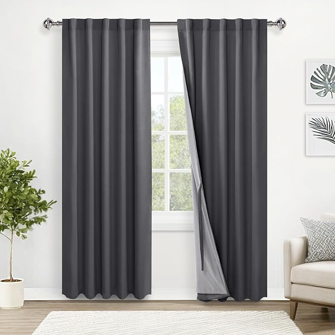 XWZO 100% Blackout Curtains 84 Inches Long - Heat and Full Light Blocking, Thermal Insulated Rod Pocket & Back Tab Window Panels with Tiebacks, Dark Grey, W42 x L84, Set of 2 Draperies