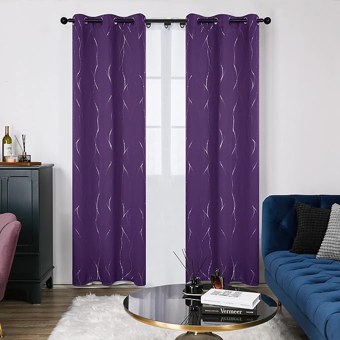 Deconovo Blackout Drapes 95 Inches Long, Purple Blackout Curtains with Silver Wave Dots Print Pattern, Thermal Insulated Soundproof Curtain for Sliding Glass Door Patio Living Room Bedroom, Set of 2
