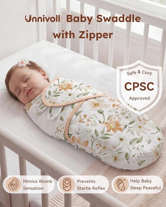 Baby Swaddles for Newborns with Zipper, 100% Cotton Newborn Swaddle Sack, 3 Pack Baby Swaddles 0-3 Months Swaddle Sleep Sack for Newborn Baby Boy Girl Orange Flower