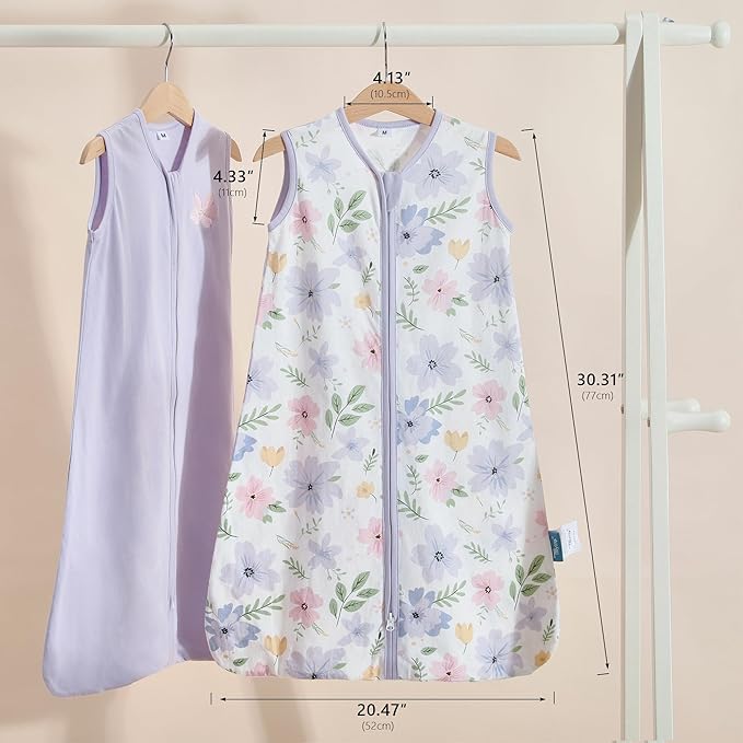 TILLYOU 2 Pack Baby Sleep Sack 6-12 Months 100% Cotton Wearable Blanket 0.5 TOG Sleeveless Summer Sleep Sacks with 2-Way Zipper, Brilliant Little Flowers and Purple