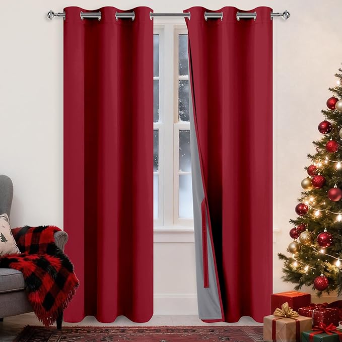 XWZO 100% Blackout Window Curtains - Thermal Insulated & Noise Reduction Black Liner Window Treatment Sewn with Tiebacks for Bedroom/Living Room, Christmas Red, W42 x L84, Set of 2 Panels