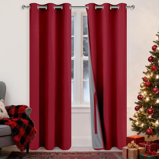 XWZO 100% Blackout Window Curtains - Thermal Insulated & Noise Reduction Black Liner Window Treatment Sewn with Tiebacks for Bedroom/Living Room, Christmas Red, W42 x L84, Set of 2 Panels