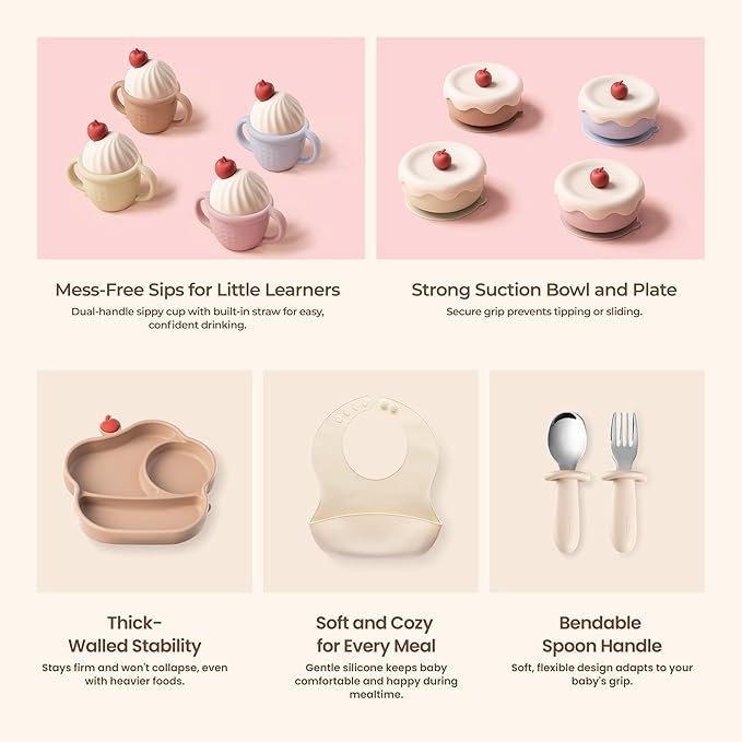 COZY ROCK Silicone Baby Feeding Set, Gelato Collection Baby Led Weaning Supplies, First Self-Feeding Set with Silicone Suction Bowl & Plate, Straw Cup & Bib, Fork & Spoon